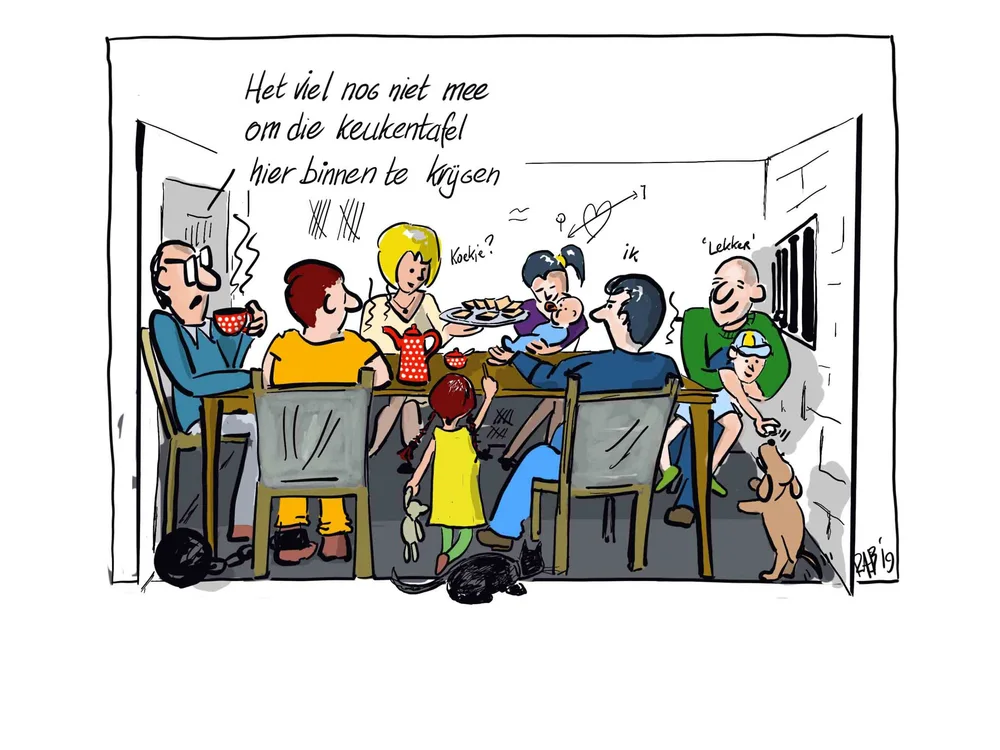Een cartoon met mensen die dicht bij elkaar aan de keukentafel zitten.