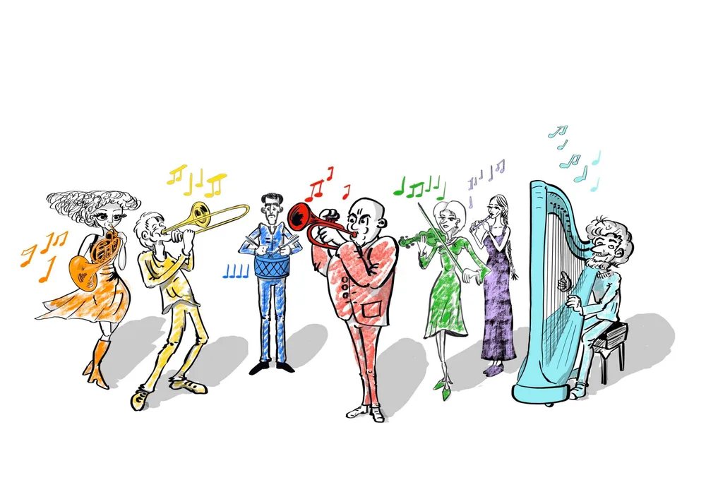 Een bont gezelschap getekende muzikanten speelt samen.