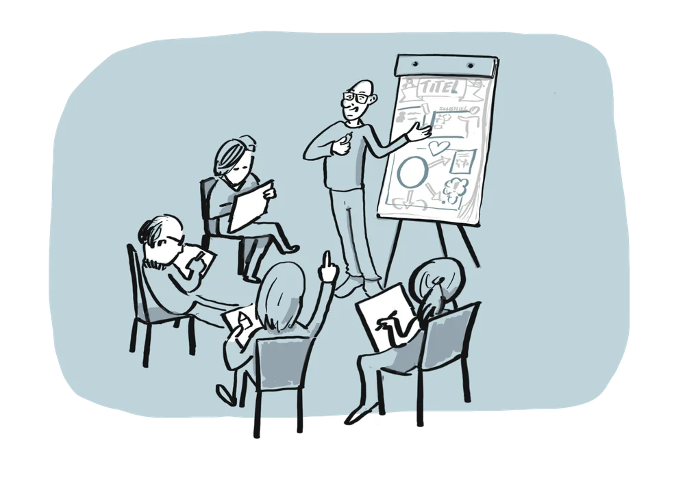 Tekening van een workshop: deelnemers met schetsblokken rond een flip-over.