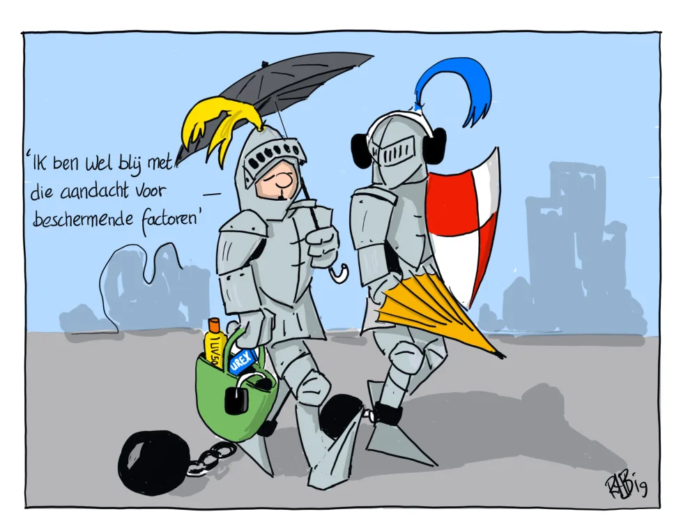 Cartoon van twee ridders in harnas, een met een paraplu en een met een schild, met een bal aan het been.