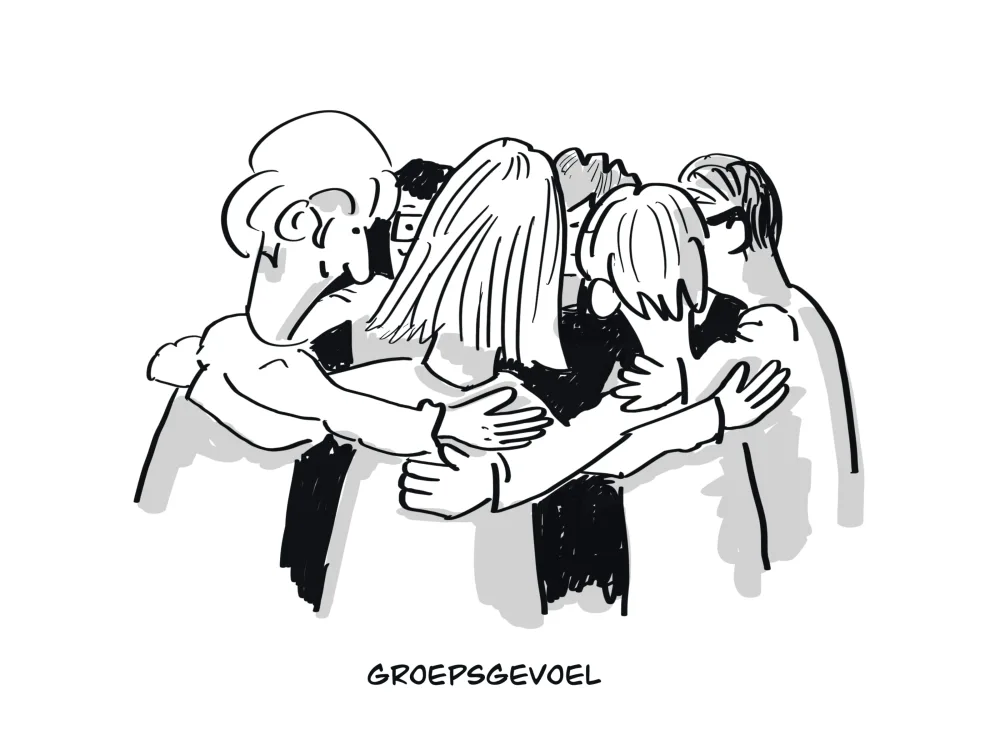 Lijntekening van een groep mensen die elkaar stevig omarmen.
