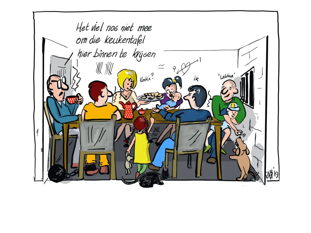Cartoon met een volle keukentafel: een hele familie en hulpverleners rond één tafel.