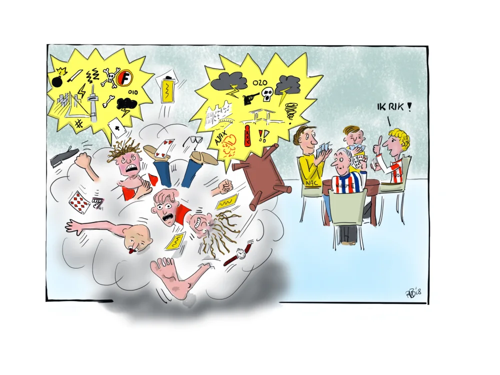 Gekleurde cartoon van klaverjassers aan tafel, met een vechtpartij in een wolk ernaast.