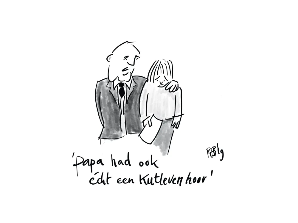Lijntekening van een vader en een kind: ‘Papa had ook echt een kutleven hoor’.