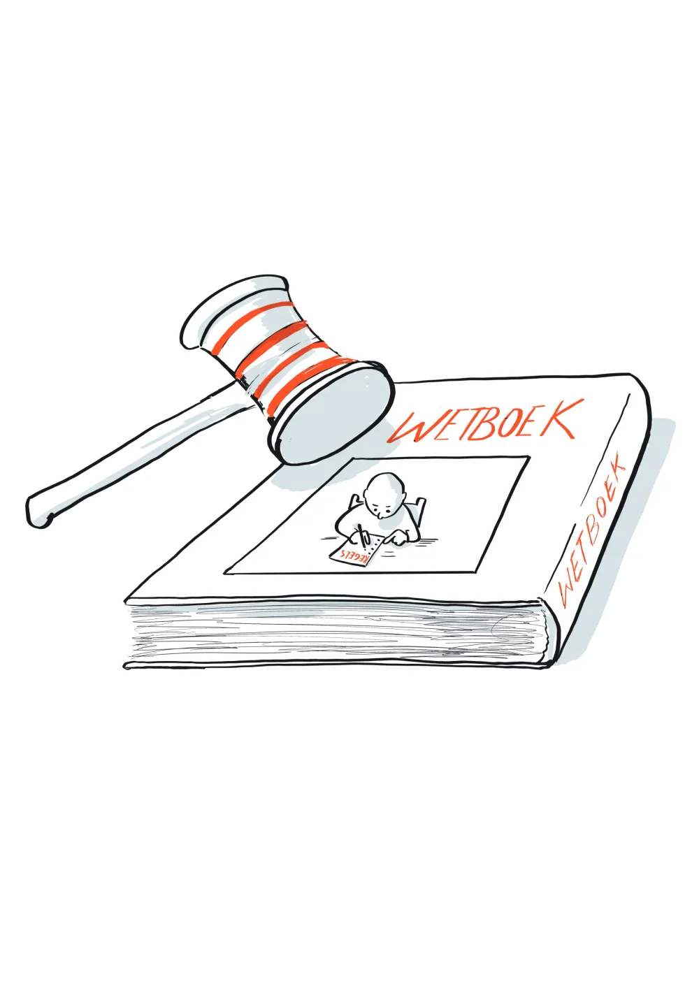 Tekening van een rechtershamer op een rood wetboek.