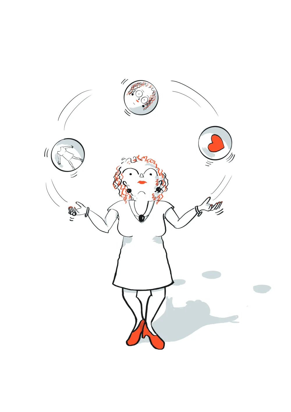 Een vrouw met rood krullend haar jongleert met drie ballen: een gezicht, een hart en een figuurtje.