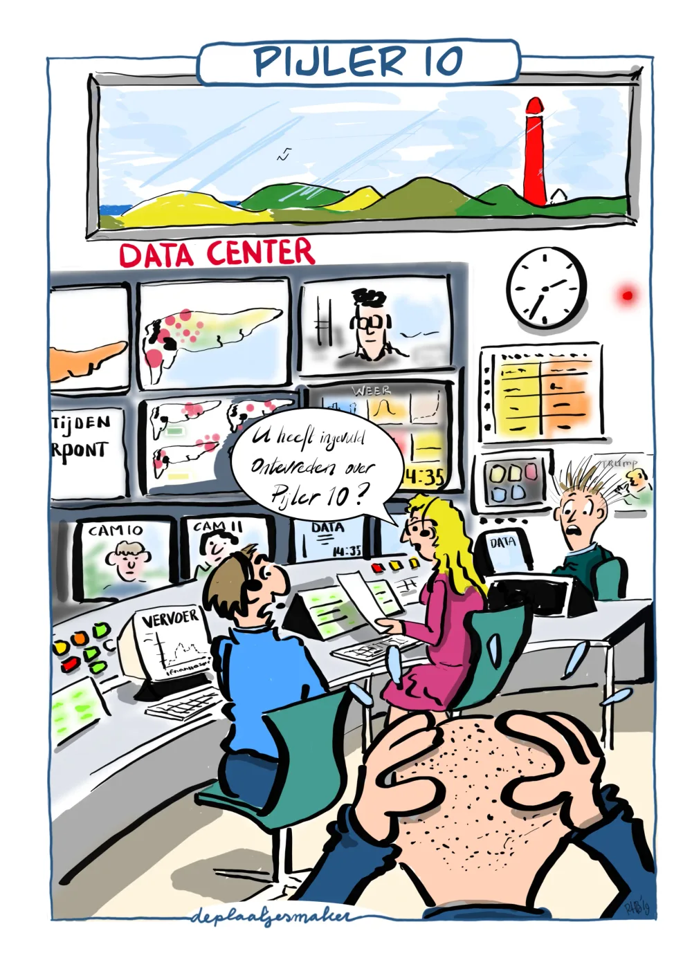 Een controlekamer met schermen en de tekst ‘Data center’, met door het raam de vuurtoren van Schiermonnikoog.