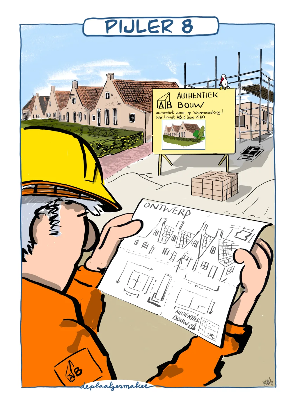 Een bouwvakker met gele helm bekijkt een ontwerp voor huizen; op de achtergrond het bord ‘Authentiek bouw’.