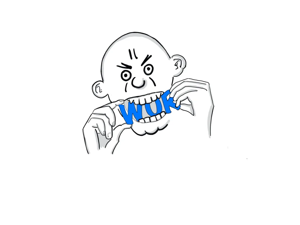 Illustratie voor het boek ‘Zet je tanden in de WOR’: een boze man bijt in het woord WOR.