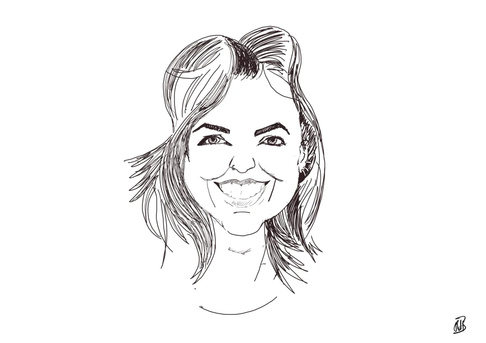 Zwart-wit lijntekening van een lachende vrouw met halflang haar.