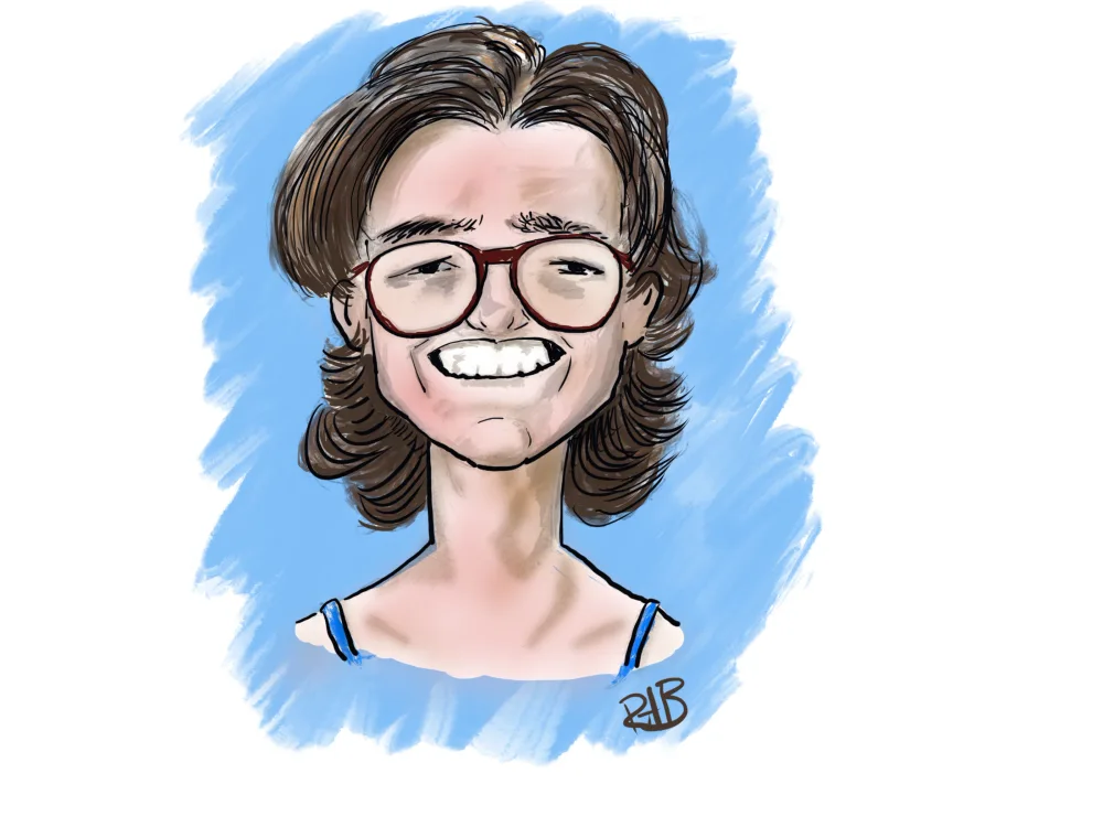 Gekleurde karikatuur van een lachende jongen met krullen en een grote bril.