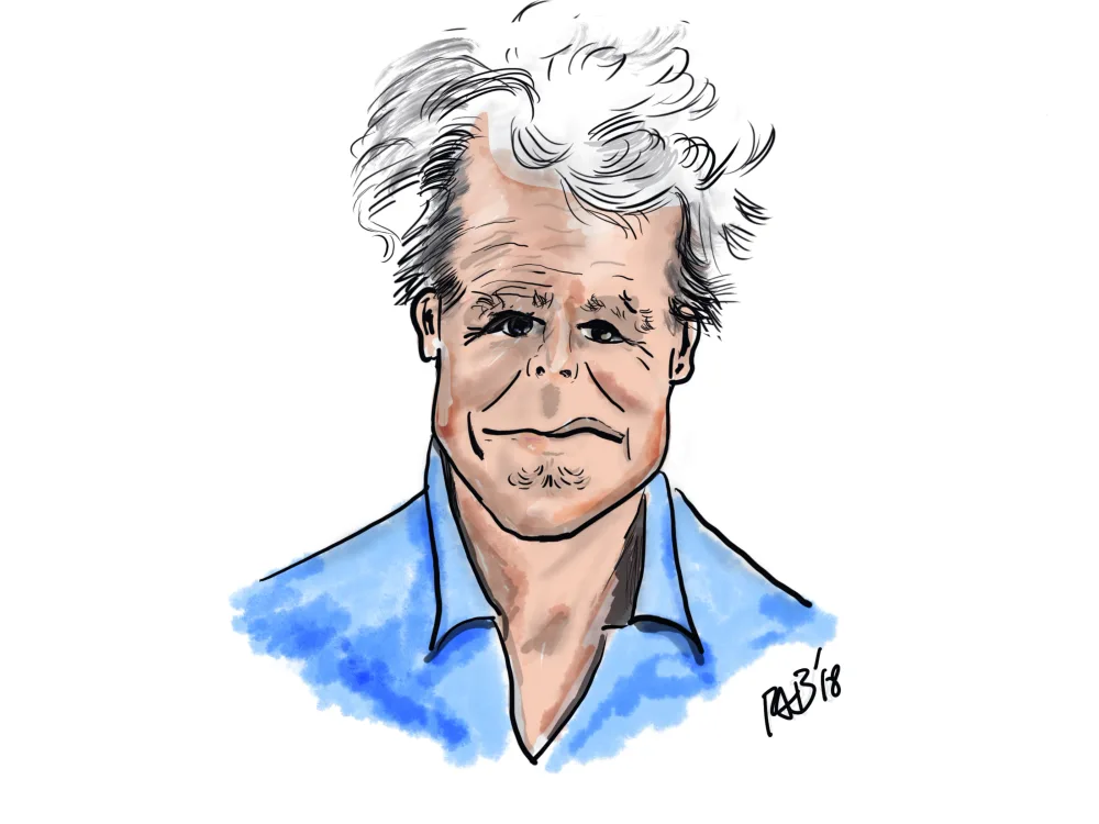 Gekleurde karikatuur van een man met grijs piekhaar en een blauw overhemd.