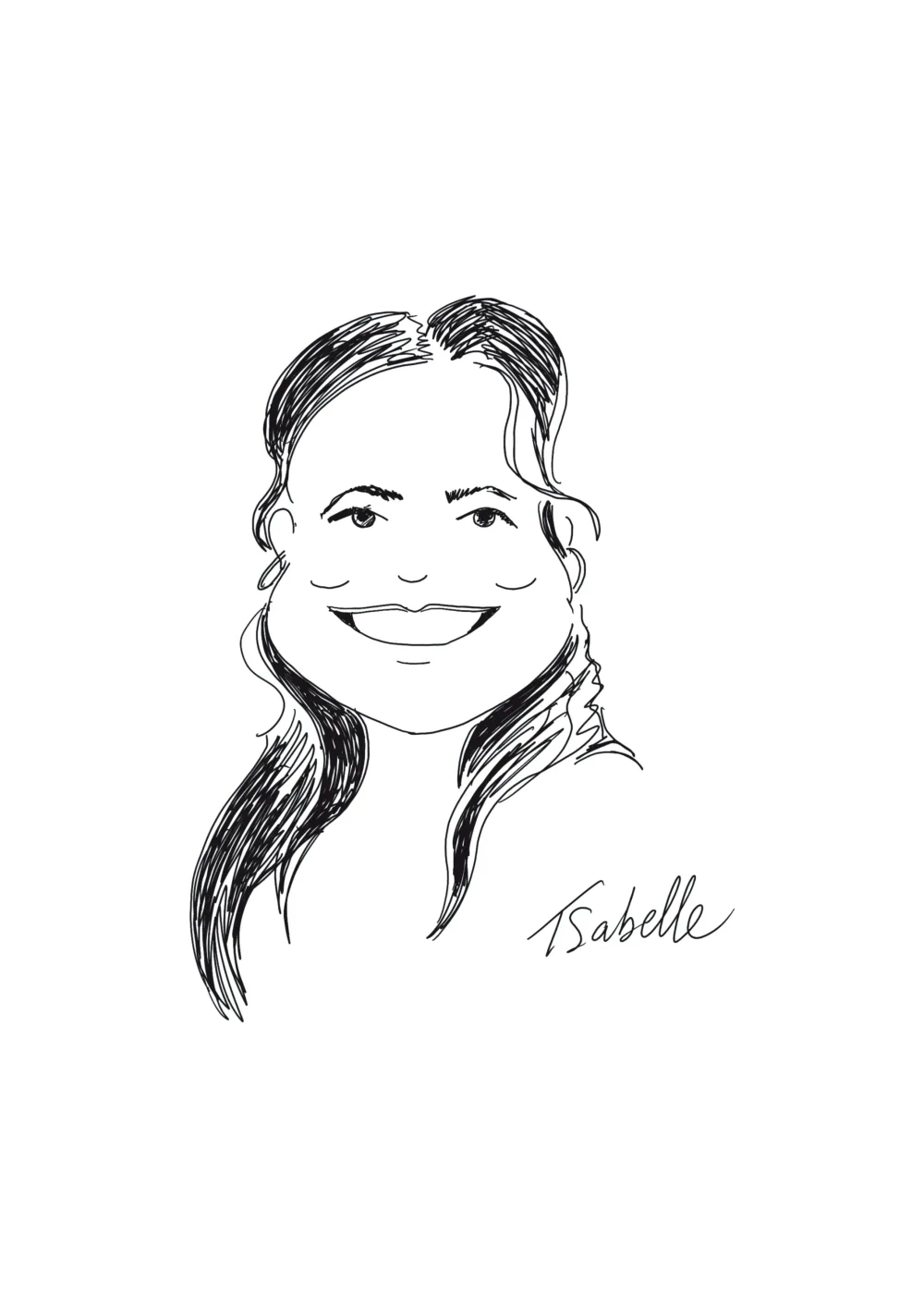 Lijntekening van een lachende vrouw met lang donker haar.