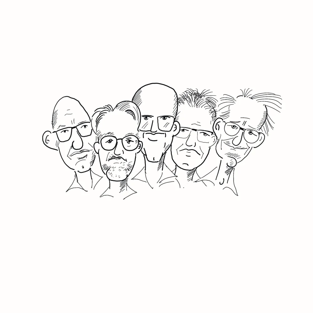 Lijntekening van vijf mannen naast elkaar, de meesten met bril.