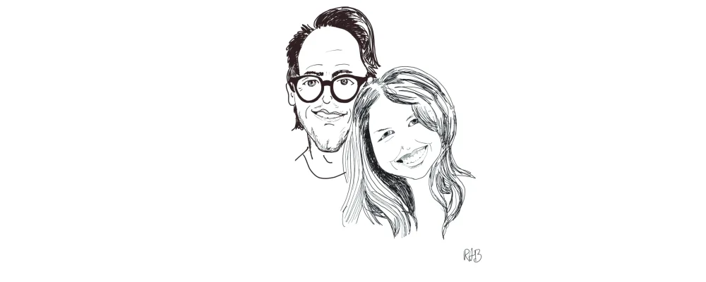 Lijntekening van een man met bril en een vrouw met lang haar, met de hoofden tegen elkaar.