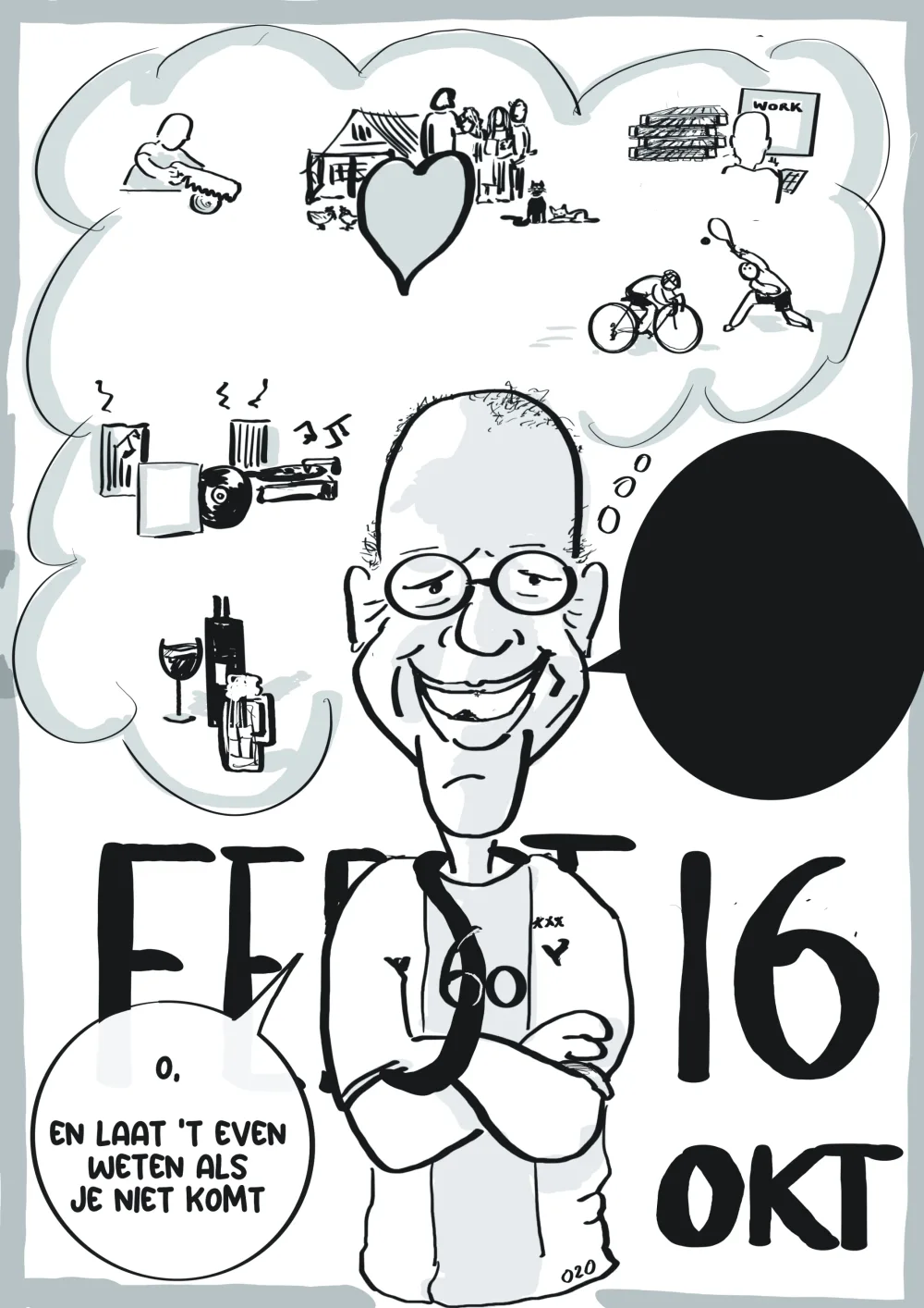 Uitnodiging met een getekende lachende man met bril en de tekst ‘Feest 16 okt’.