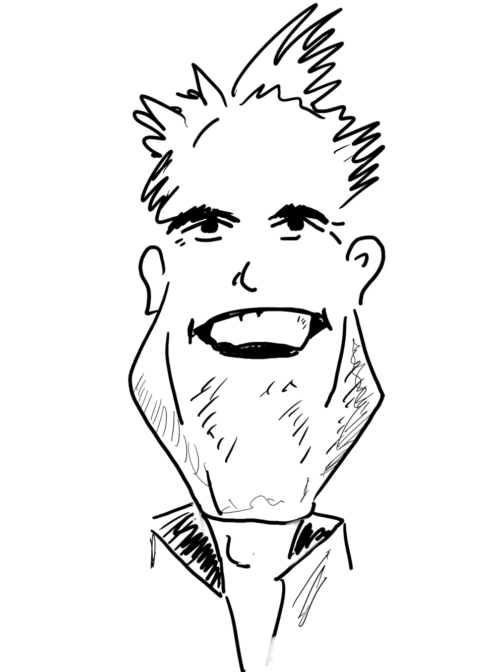 Lijntekening van een lachende man met piekhaar en een grote kin.