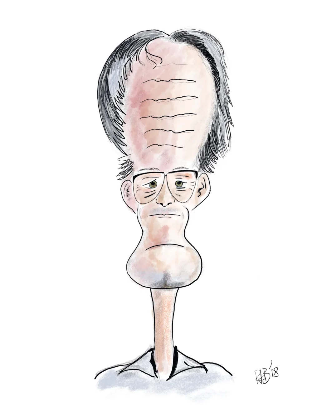 Karikatuur van een man met een hoog voorhoofd, bril en een lange nek.