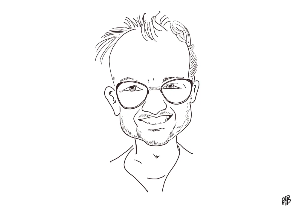 Lijntekening van een jonge man met bril en kort haar.