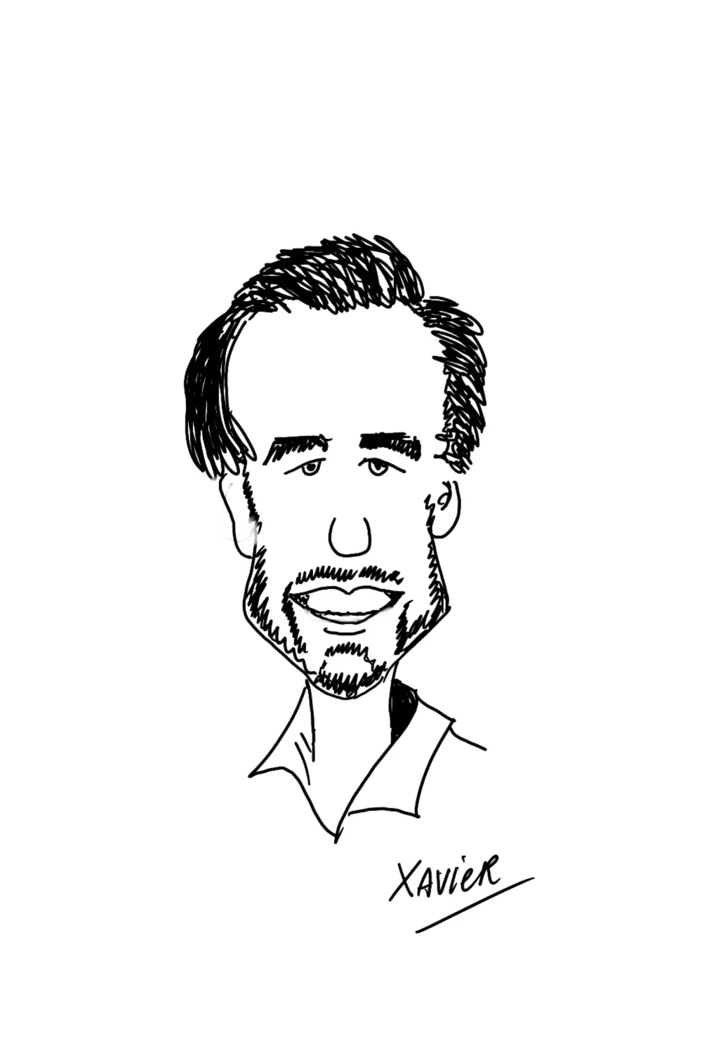 Lijntekening van een man met donker haar en een stoppelbaard.