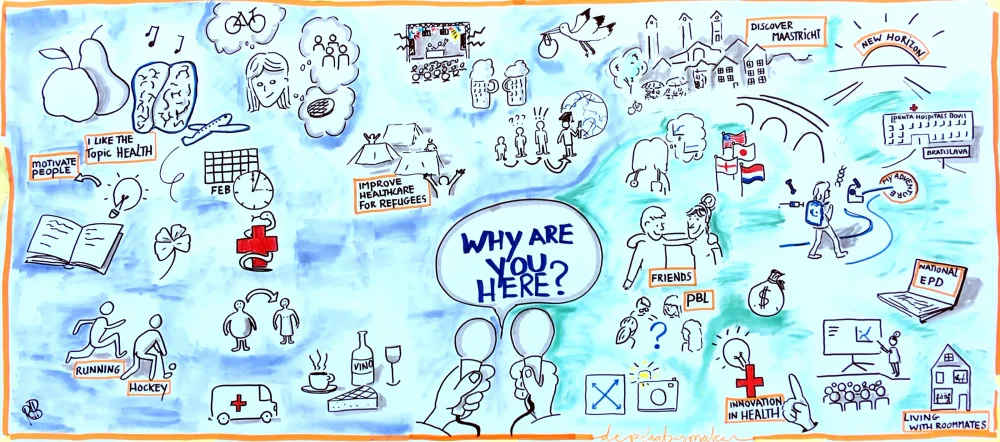 Brede, live getekende plaat ‘Why are you here?’ in blauw en turquoise.