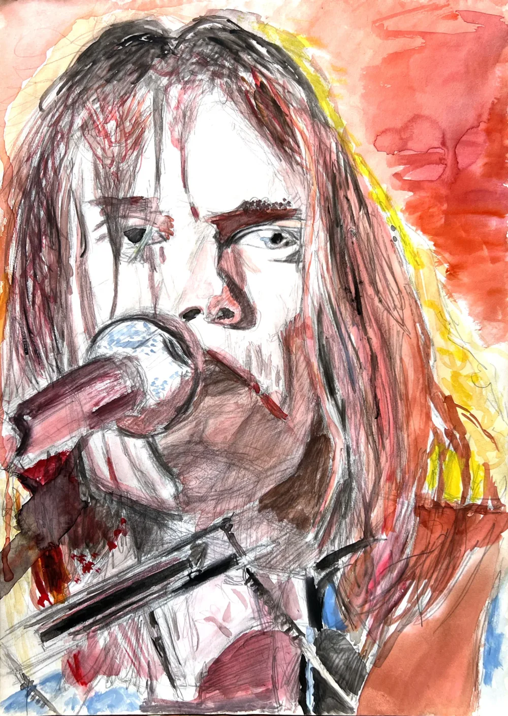 Neil Young zingend achter de microfoon, in potlood en aquarel.