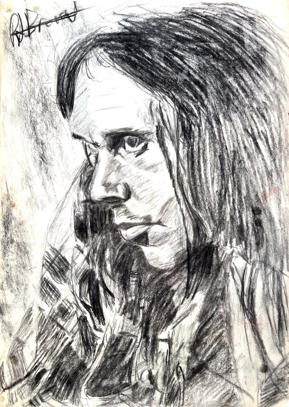 Portret van Neil Young in houtskool.
