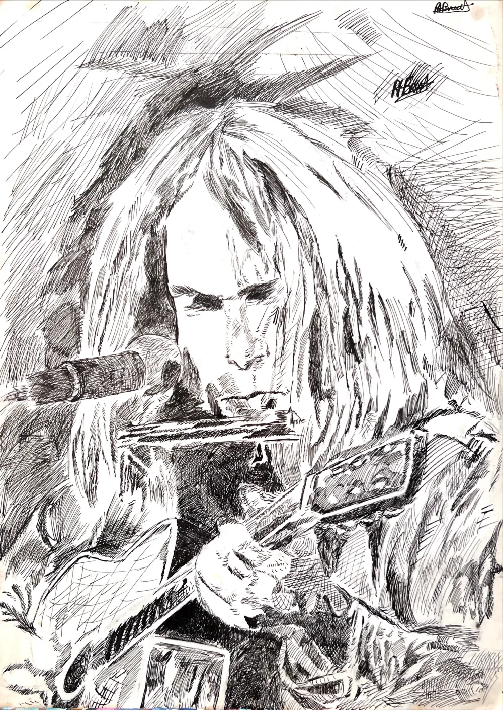 Neil Young met gitaar en mondharmonica, in inkt.